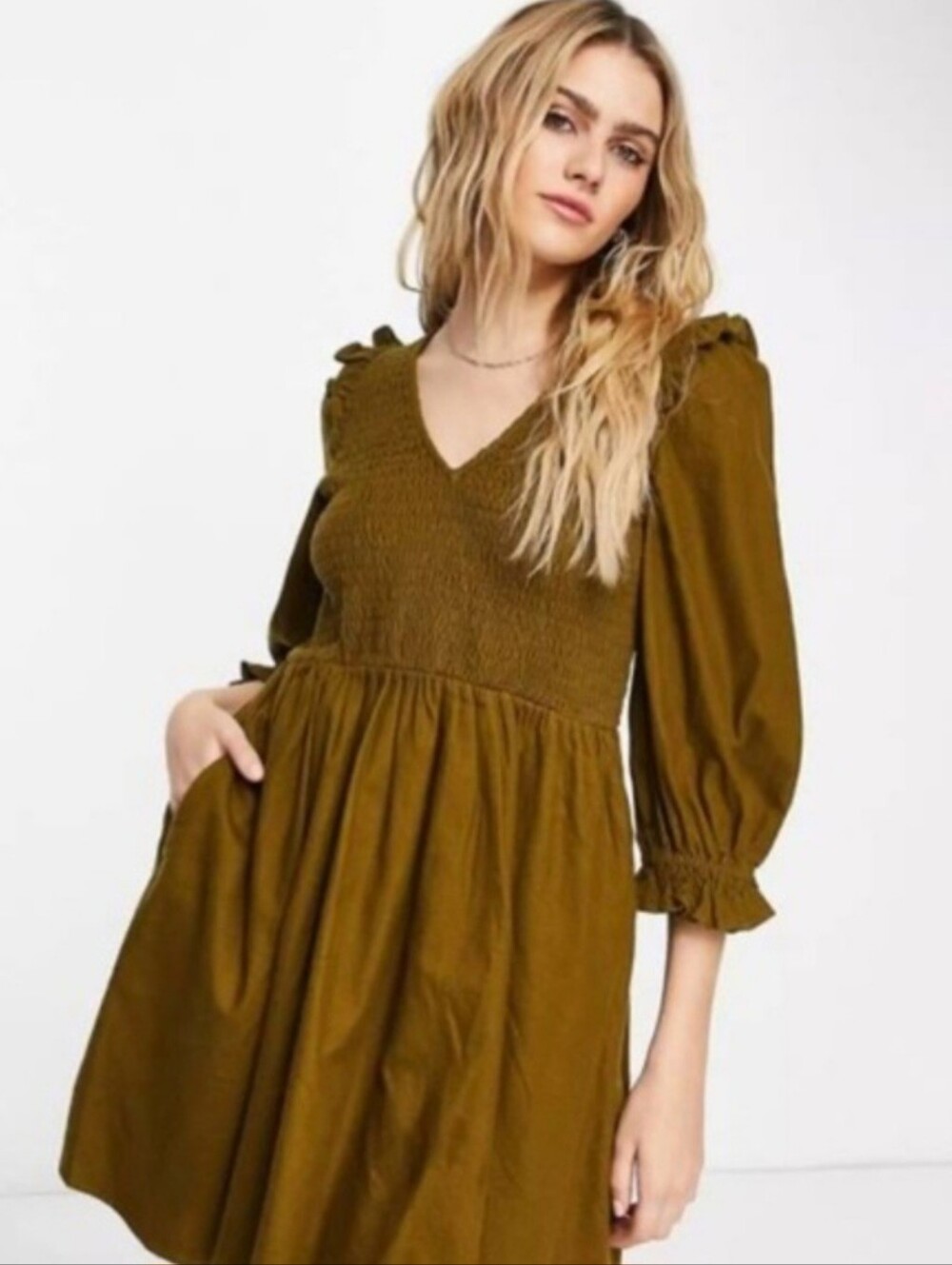 Madewell Flannel Lucie V-Neck Smocked Long Sleeve Mini Dress in Olive Green
